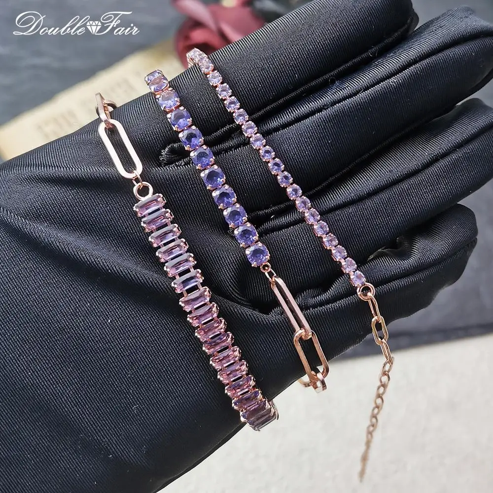 Trendy Adjustable Folding Buckle Purple Zirconia Crystal Tennis Bracelets for Women Dainty Hand Chain Gifts for Female Jewelry