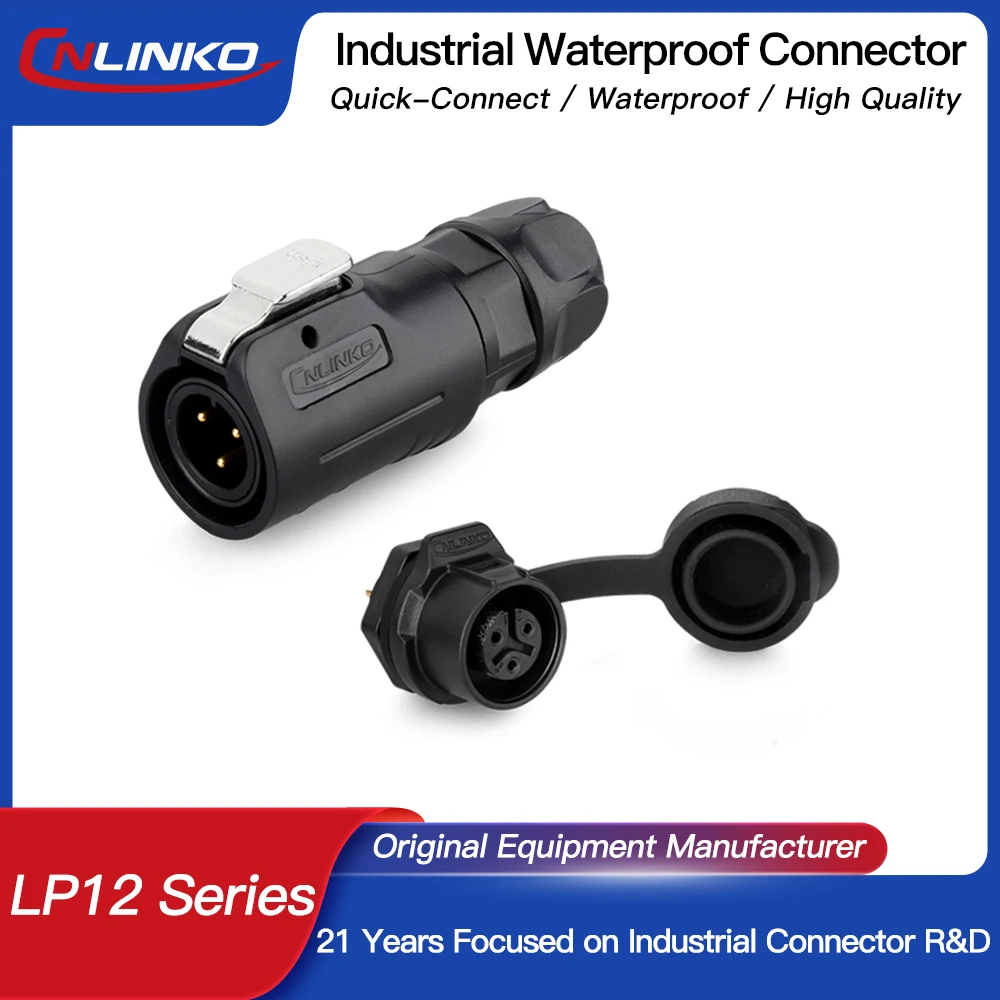 CNLINKO M12 IP68 Waterproof Outdoor Plastic Power Push Pull Easy Quick Locking Automotive Electrical Connector With Dust Cap