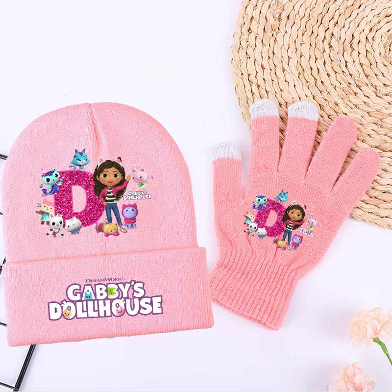 

2PCS Gabby Dollhouse Beanies and Gloves Set Cartoon Anime A-Z Letter Printed Knitted Hat Boys Girls Cute Caps Accessories Gifts