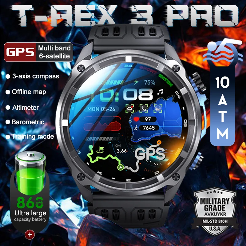2025 nouveau t-rex 3 Pro militaire GPS montre intelligente intégré double bande GNSS et cartes hors ligne boussole 860 mAh batterie 10ATM natation montre intelligente