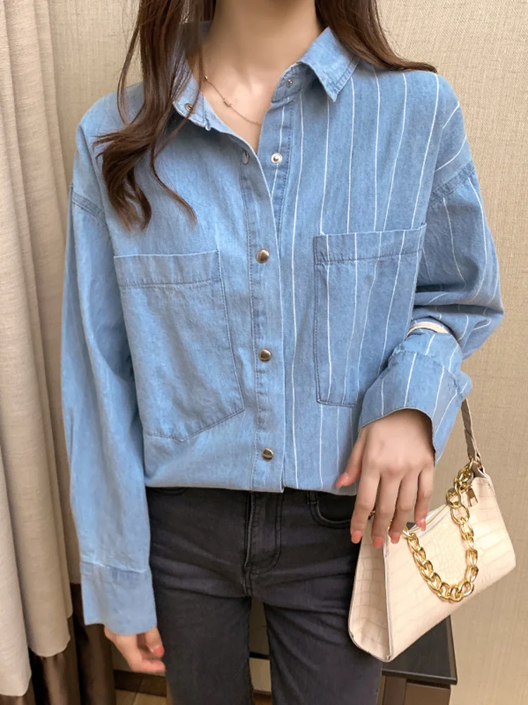 Striped Asymmetric Denim Shirt For Women Back Button Decoration Pocket Spliced Blouse 2023 Autumn New Tide Blue Top  X146