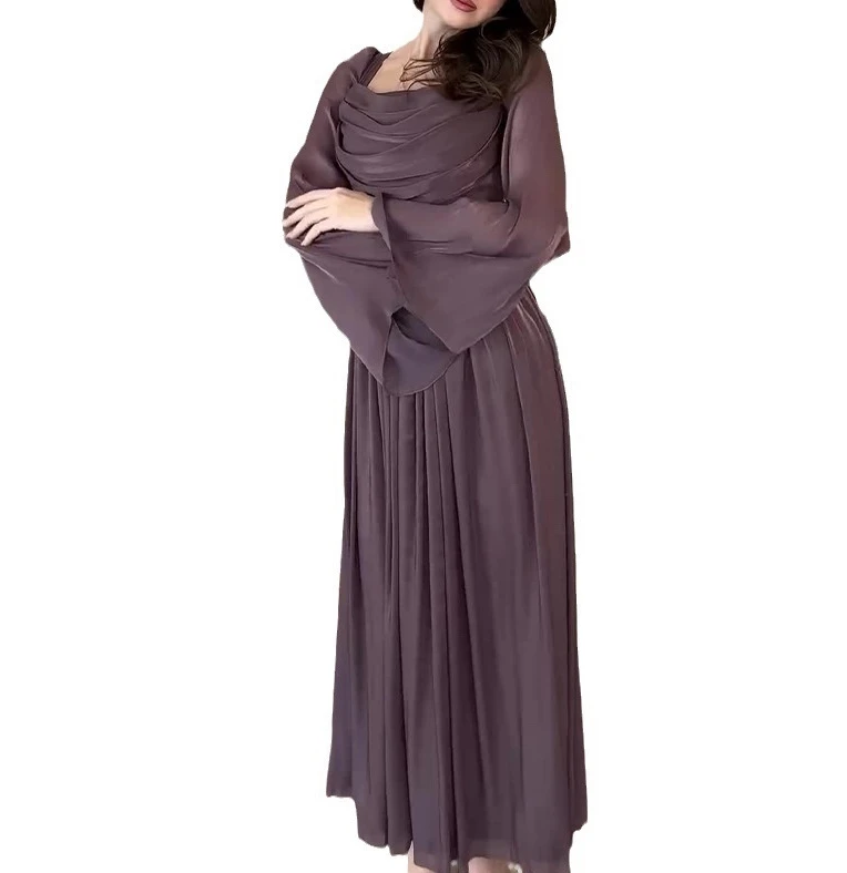 Elegant Long Dresses for Women Satin Pleated Solid Color Sexy Slim Puff Long Sleeve High Waist Maxi Dresses Party Evening