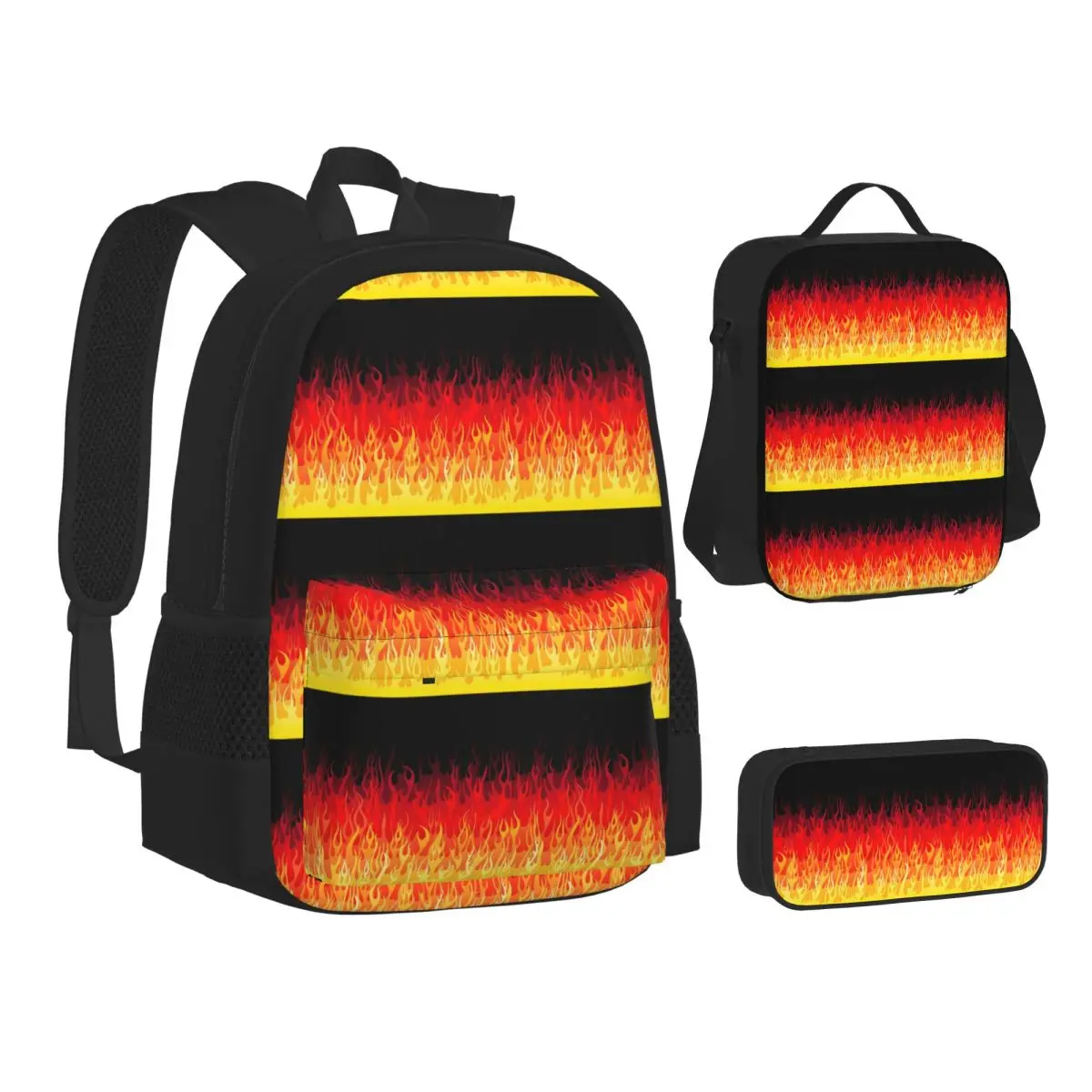 Red Hot Rod Flame On Edge Black Background Backpacks Bookbag School Bags Children Rucksack Lunch Bag Pen Bag Three-Piece Set