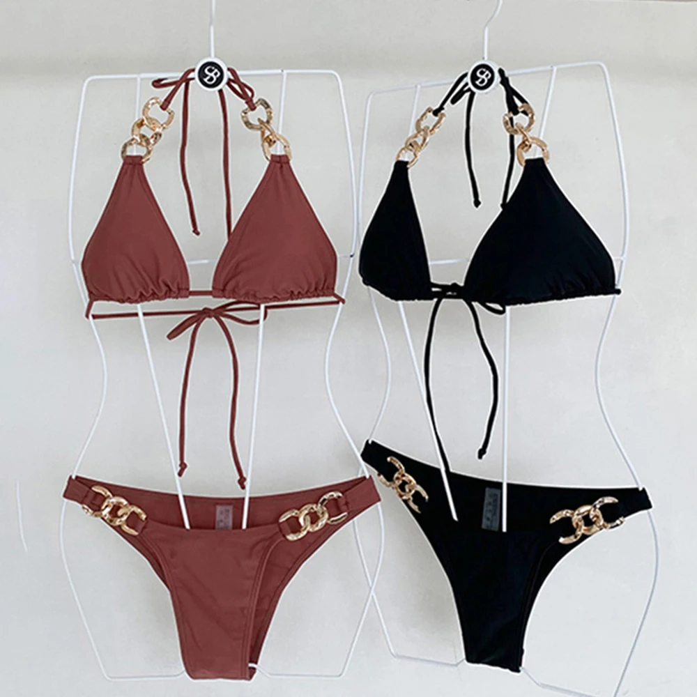 Sexy Boho Metallic Bikini Set Split Adjustable Bathing Suit Solid Color Backless Swimsuit Beach Wear