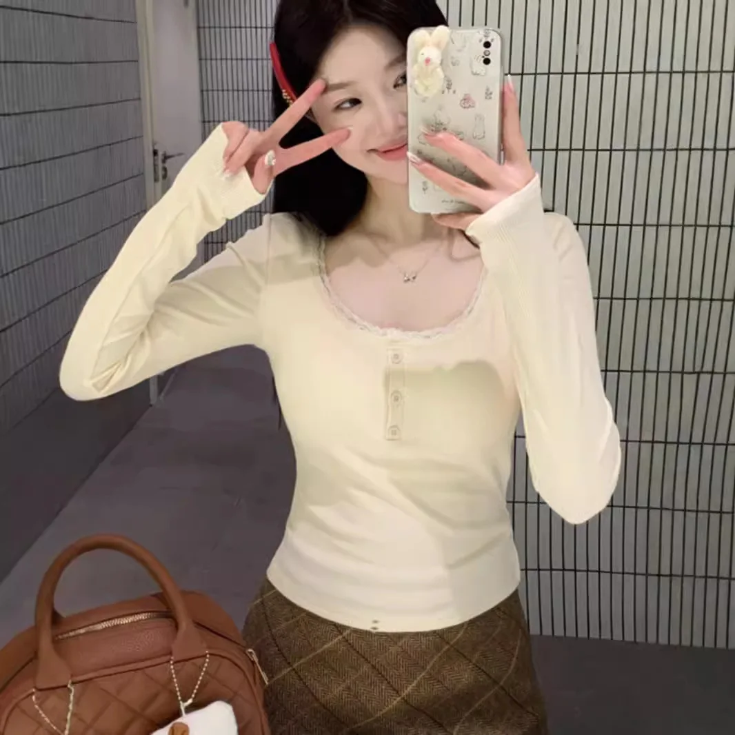 

Korean Sle Thiened Fce Lined Flannel Square Collar Bony Chest Base irt Women Autumn Winter New Warm Slim Fit Long Sl...