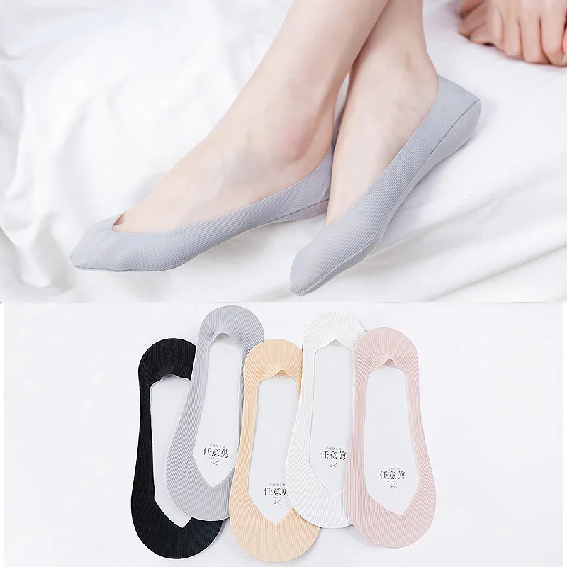 5 Pairs New Thin Women Boat Socks Fashion Silk Invisible Silica Gel Stripe Cute Sokken Yami Kawaii Harajuku Low Cut Ankle Sock