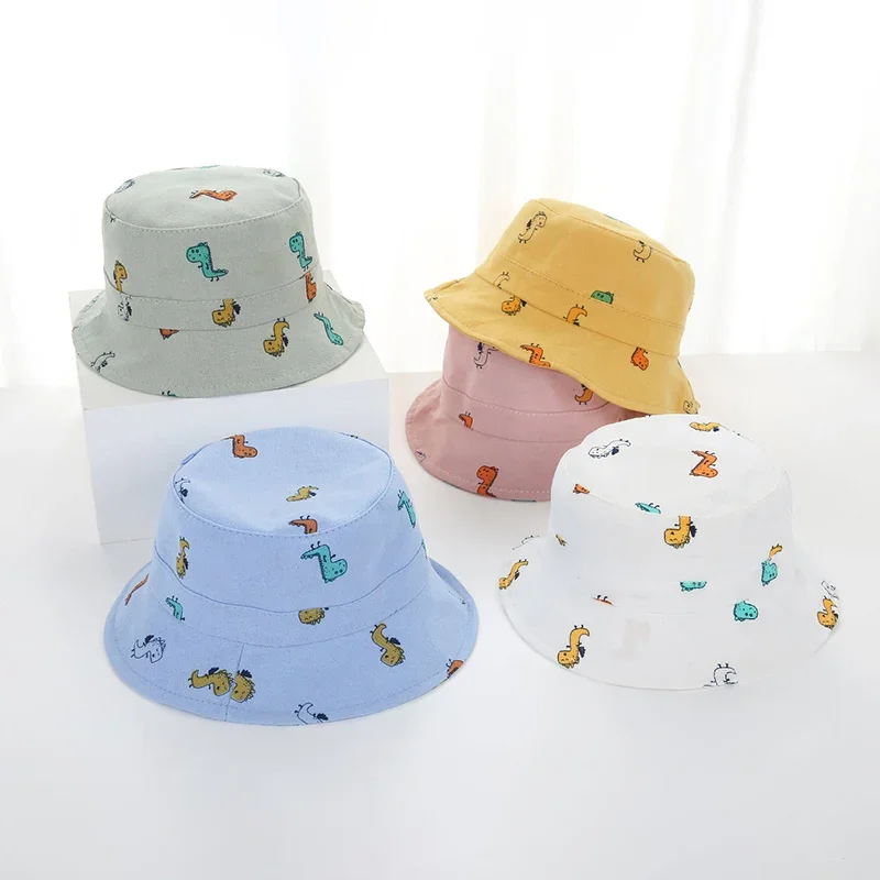 Cute Dinosaur Print Baby Bucket Hat Cartoon Solid Color Fisherman Cap for Toddler Boy Girl Summer Wide-brim Kids Panama Hats