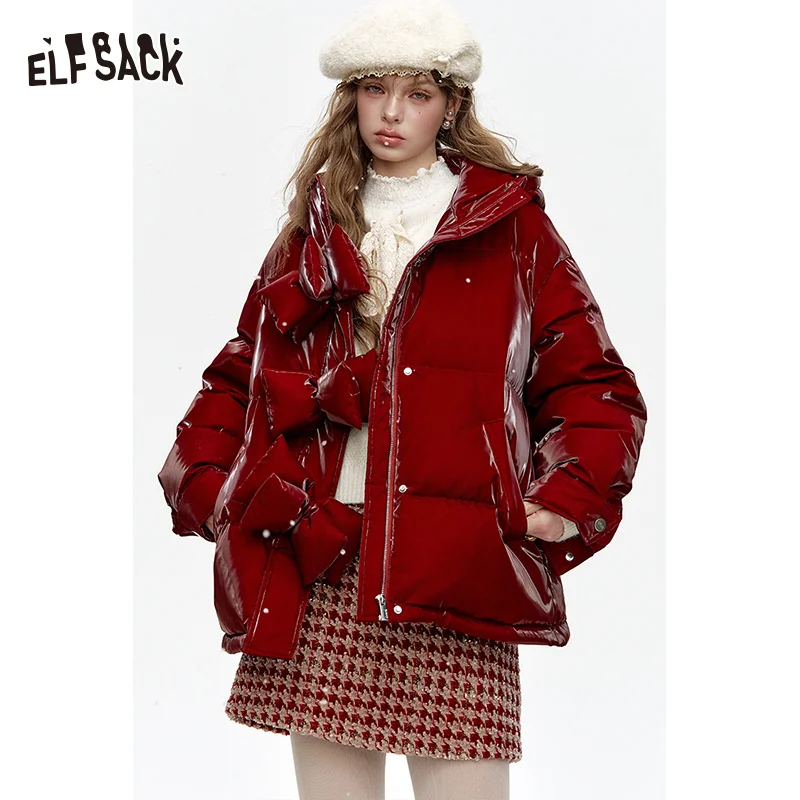 ELFSACK 2024 Winter New Arrivals Hooded Bow Buttons Short Down Jacket Women