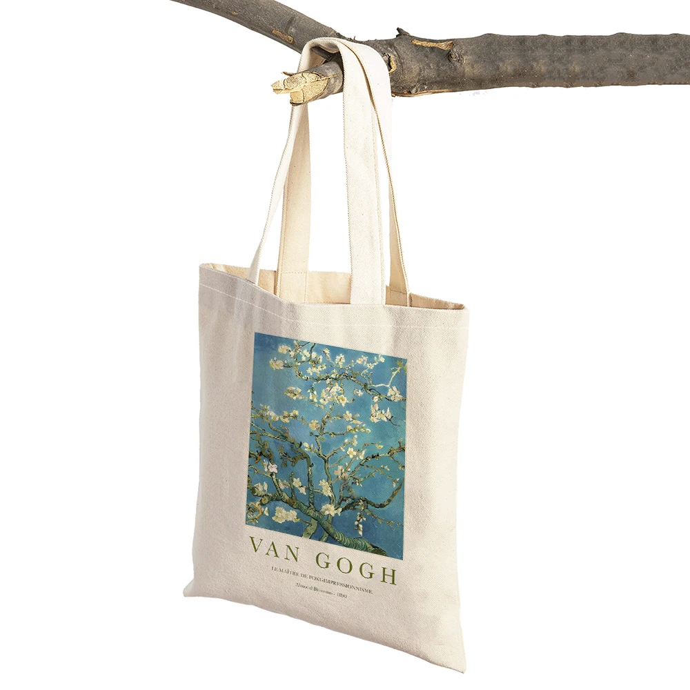 Van Gogh Almond Blossom Iris Starry Night Lady Shopping Bag Double Print Geometric Eco Women Shopper Bags Casual Tote Handbags