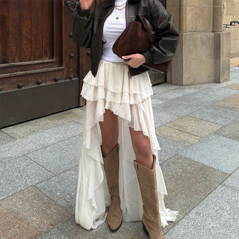 

Trendix Irregular Ruffle Skirt For Women's 2026 Fashion High Waist Asymmetrical Skirts Party Club Sexy Beach Elegant Long Skirt