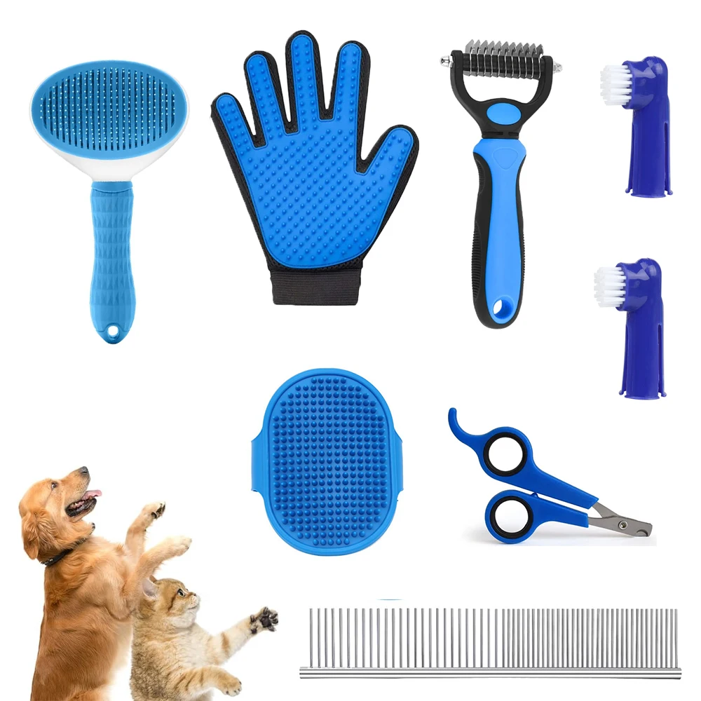 

8Pack Dog Brush Grooming Set Pet Hair Remover Grooming Pet Self-cleaning Set with Nail Clippers Flea Comb Pet Bath Brush