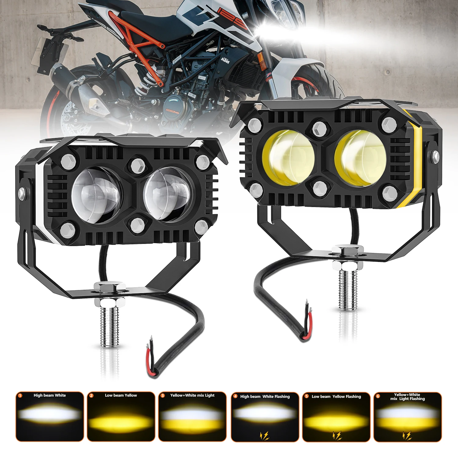 2pcs Dual Color Motorcycle LED Super Bright 60W 6000K/3000K Spotlight Combination Light Truck Off Road Work Light 12V Fog Light
