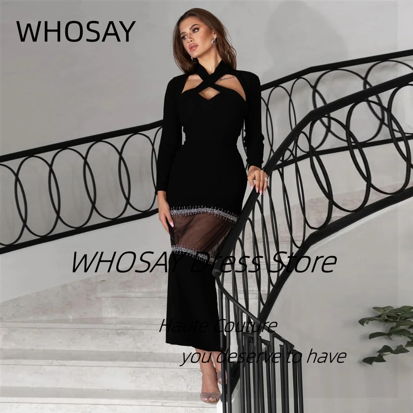 WHOSAY Customized Beaded See Through Prom Dresses 2025 Criss Cross Neckline Long Sleeves Evening Gowns Special Party Dress