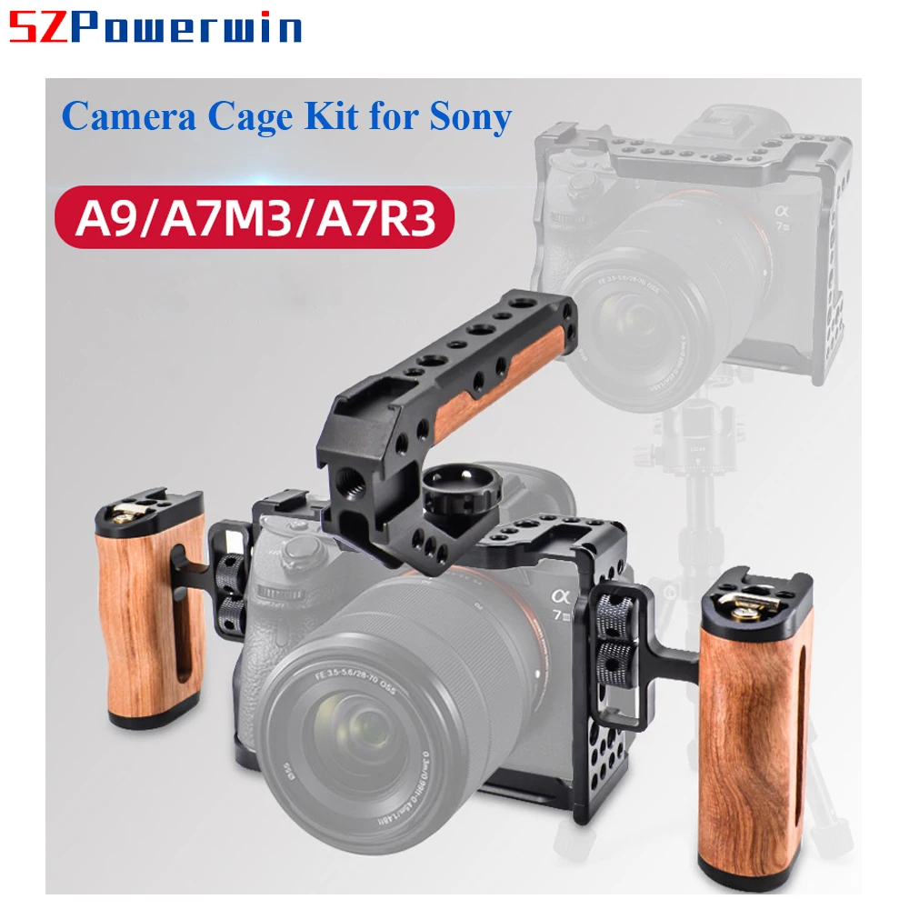 

Powerwin Camera Cage For Sony A7R3 A7M3 A9 with wooden Handle Kit Aluminum Alloy Multifunctional Arri Locating Screw