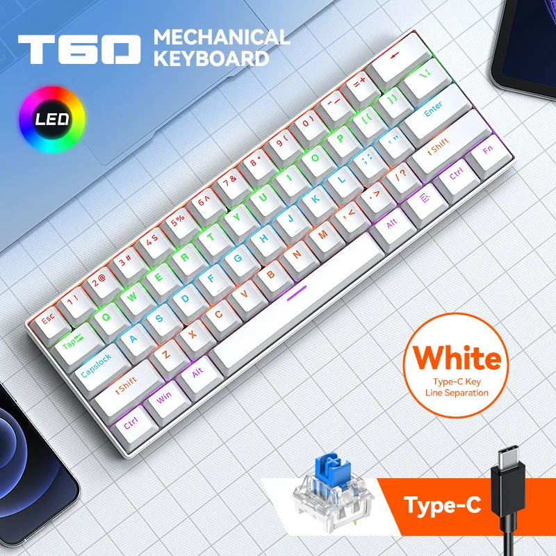 T-WOLF T60, mechanisch toetsenbord met Type-C-aansluiting, volledig uitwisselbare toetsen, toetsenbordontwerp met afzonderlijke toetsen, toetsen met gemengde kleuren, RGB-verlichting.