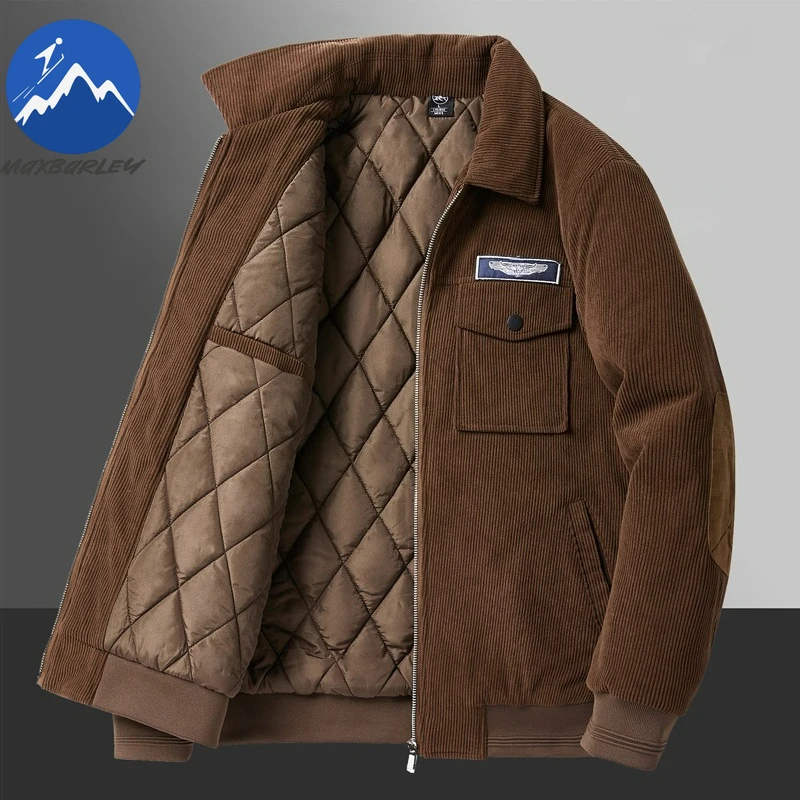 

Maxbarley Men Corduroy Padded Jacket Casual Business Thickened Parka High Quality Turndown Collar Travel Windproof Winter Jacket