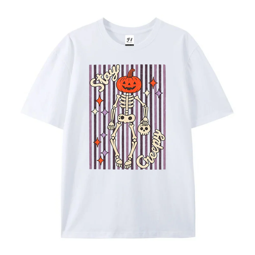 Women T-Shirt Halloween Pumpkin Head Skeleton Graphic Tee Stay Creepy Vintage Spooky Aesthetic Short Sleeve Cotton Top