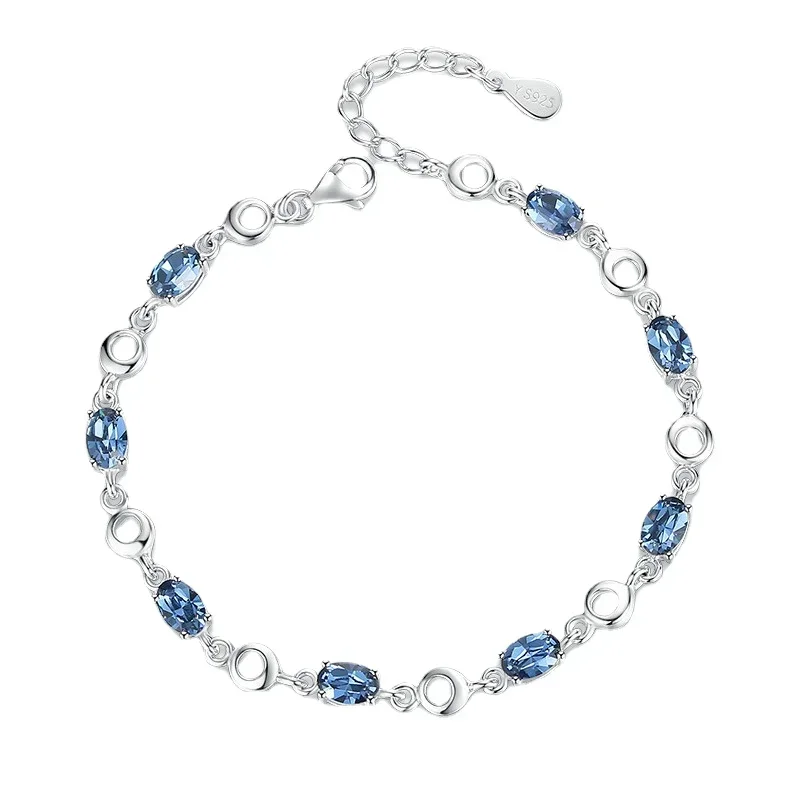 Blue Topaz Bracelets Female Real Silver Deep Blue Sapphire Color Gemstone Bracelet for Student Girl Birthday Gift