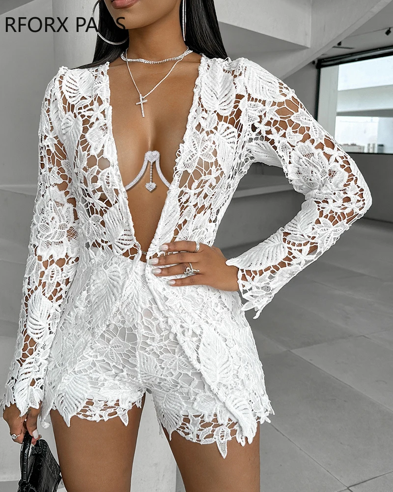 2024 Women Chic Hook Flower Hollow Long Sleeves Jacket Sexy Two Pieces Short Sets