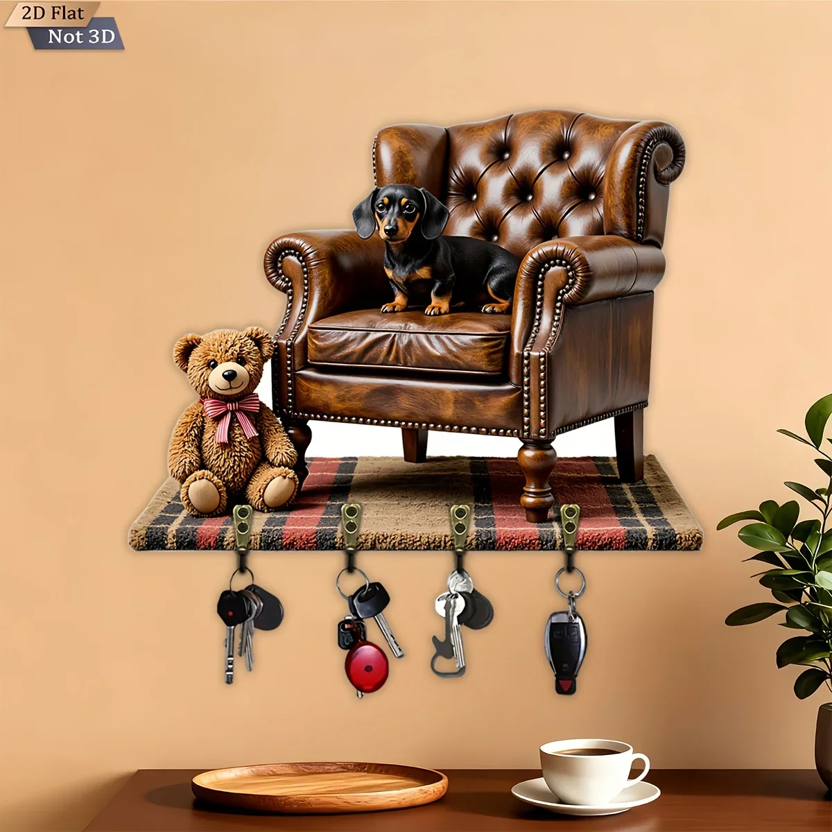 2D Flat, 1pc, Teddy Puppy Retro Theme Style Key Hook Wooden Multifunctional Home Key Rack, with Four Metal Hooks, Wall
