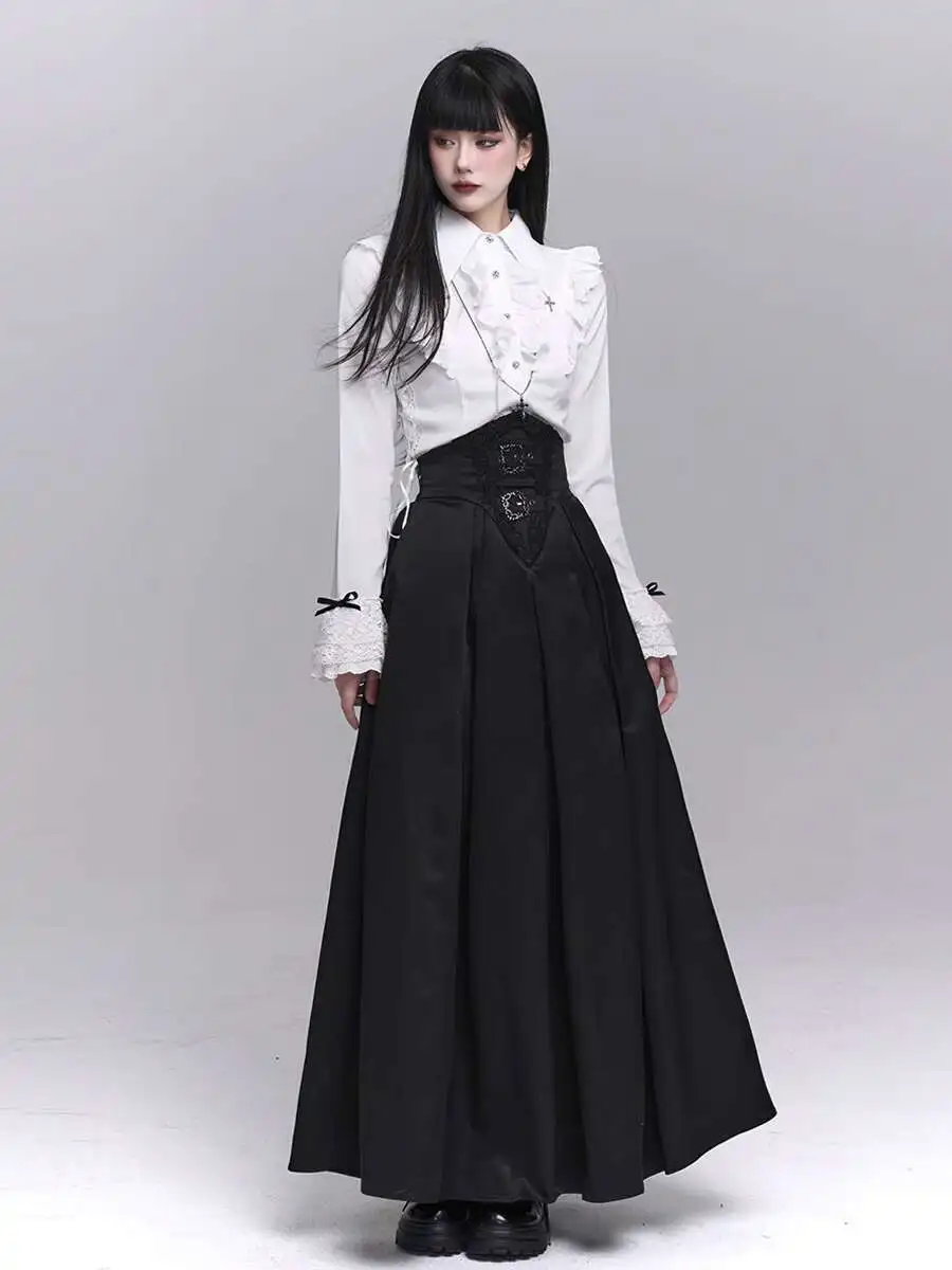 

White Shirts Women´s Casual Long Skirts Solid Color Pleated Big Hem Elastic Waist Loose Fit Skirts Simple Style Bottoms