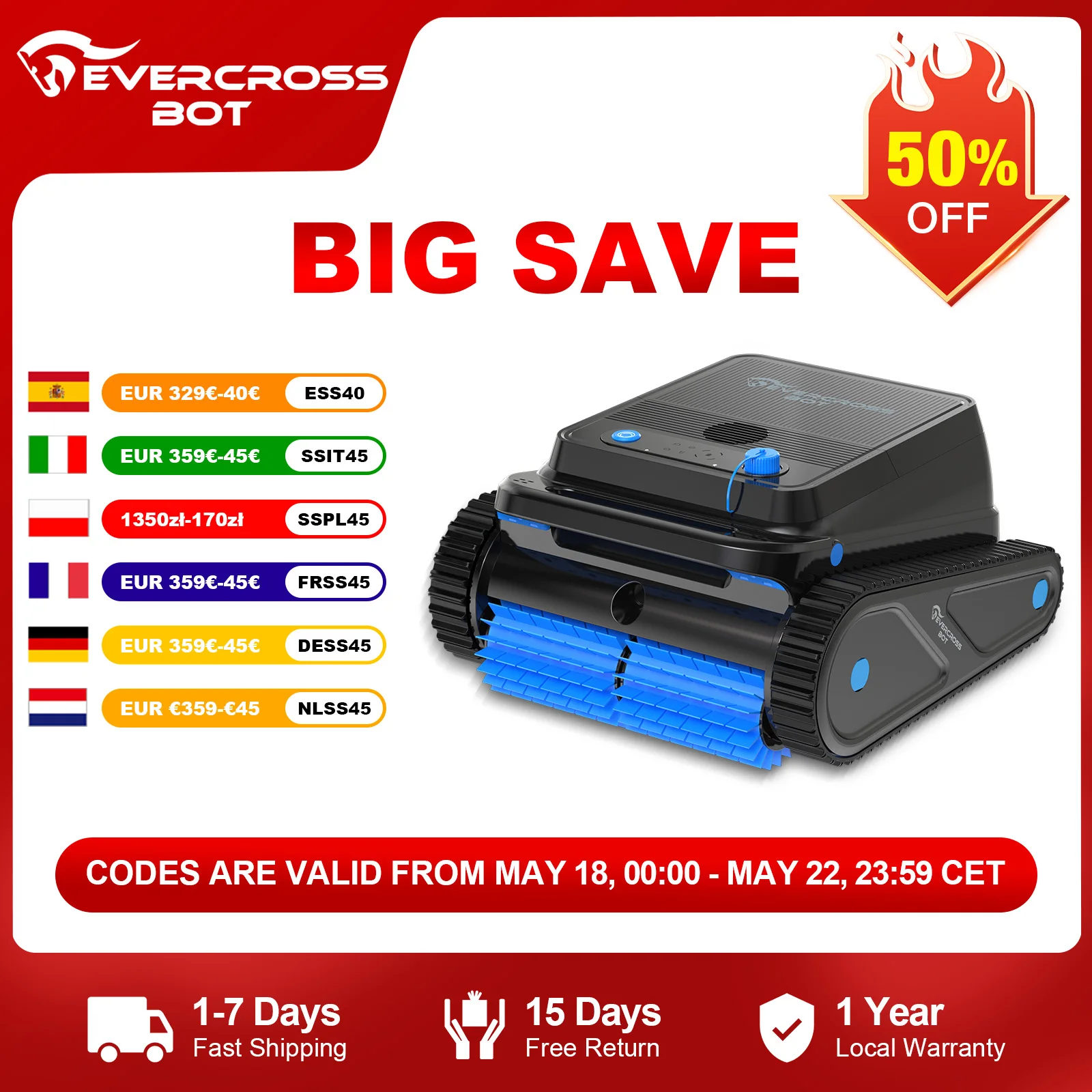 EVERCROSS BOT-Nettoyeur de piscine robotique U8, autonomie de 120 min, surface de livre de 200 m², navigation intelligente, fonction d'auto-stationnement