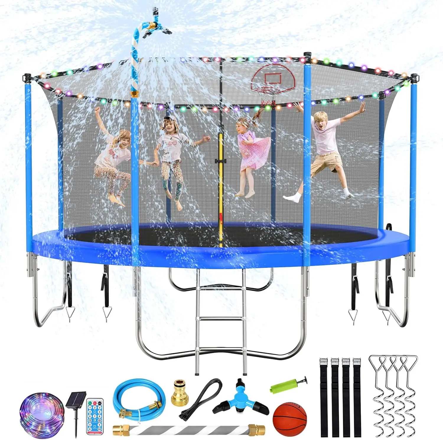 10/12/14/15/16FT Trampoline Outdoor, Large Kids Trampoline with Light, Stakes, Sprinkler, Backyard Trampoline with Bask