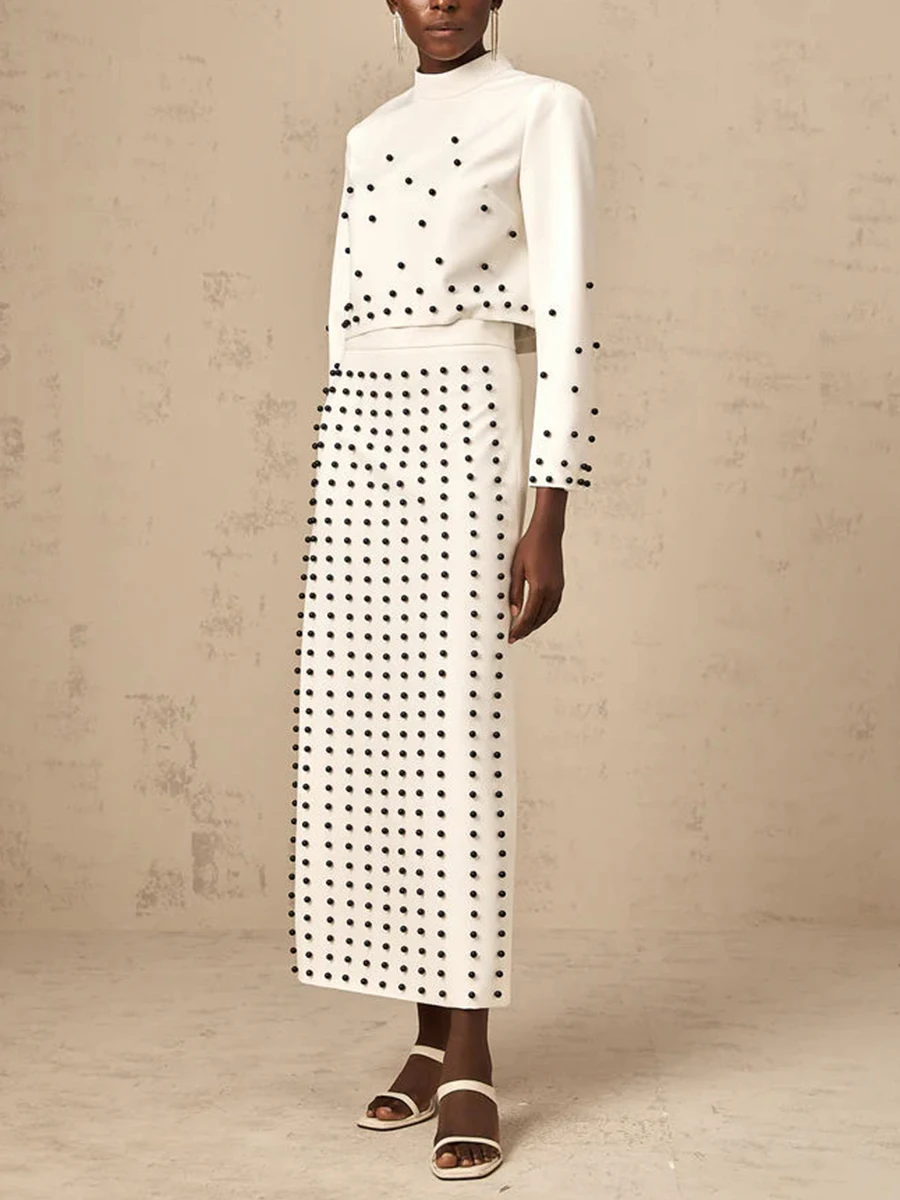TWOTWINSTYLE Slimming Two Piece Set For Women Round Neck Long Sleeve Top High Waist Skirt Spliced Pearls Elegant Sets Female New