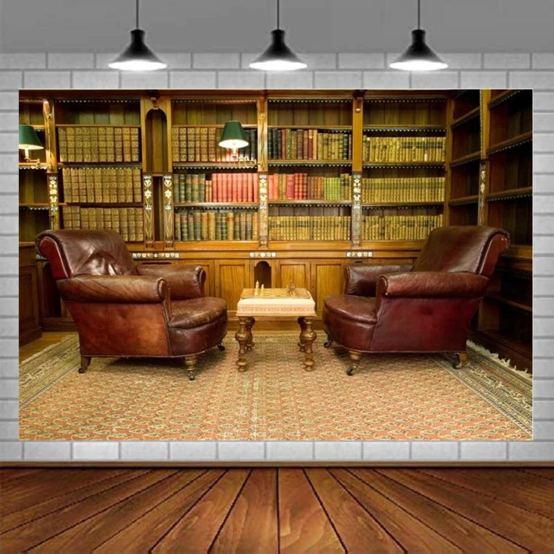 Vintage Luxury Study Bookshelf Photography Backdrop Home Office Two Sofa Business Conversation Room Bookcase Books Background