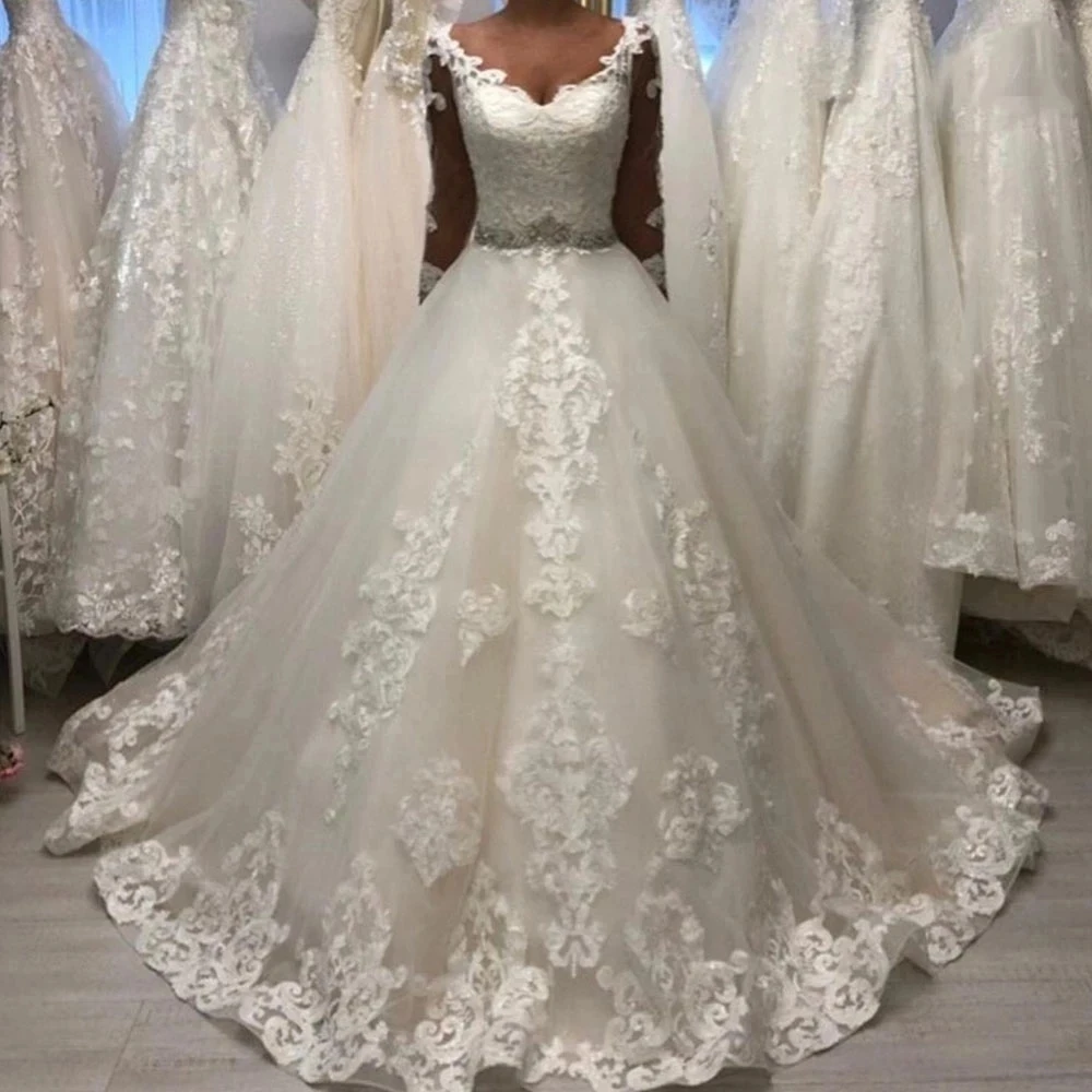 ANGELSBRIDEP Cao Quailty Tay Dài Appliques Tinh Thể Công Chúa Bầu Áo Váy Áo Dây De Mariée Cô Dâu Đầm