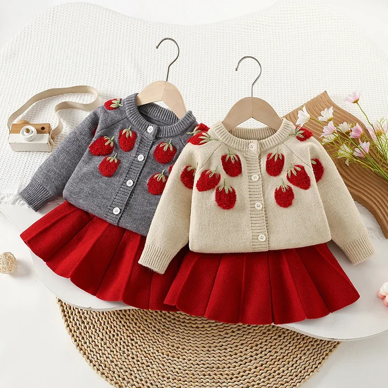 2025 New Autumn Winter 2-6Yrs Baby Girls Clothing Set Kids Knitted Clothing Suit Long Sleeved Knitted Cardigan+Short Skirt