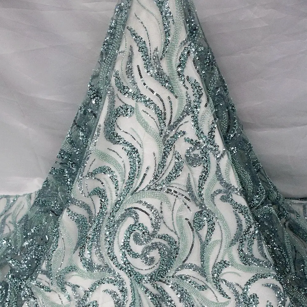 1 Yard French Mint Green Embroidered Lace Fabric with Beads and Sequin for Wedding Dress HY2493