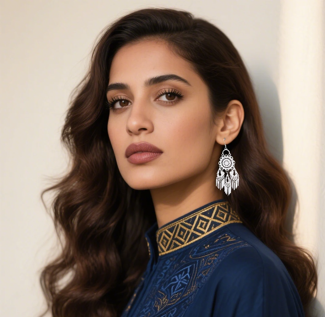 

Retro ethnic style silver flower tassel alloy earrings for women Kazakh exotic style fashionable light luxury versatile earrings