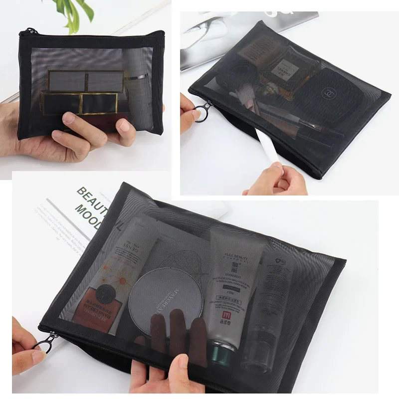 

Large Capacity Portable Outdoor Travel Makeup Bag Black Transparent Mesh Storage Washing Bag Home Organization Tote Bag Travel
