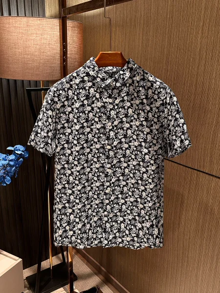 

l Linen Comfortable Breathable Men's High-end Vintage Floral Print ort Sve irt Faionable Urban Sle Casual irt