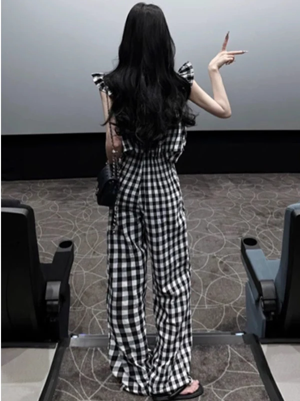 Set Jumpsuit Pelangsing Model Cross-Border dengan Celana Kaki Lebar Motif Kotak-kotak Hitam Putih untuk Wanita, Busana Musim Panas