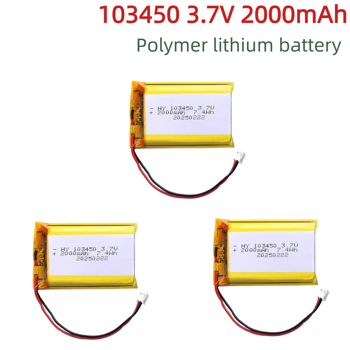 Batería Recargable de Litio-Polímero 103450 de 3.7V y 2000mAh, Conector JST PH de 2.0mm y 2 Pines para Cámara y Auriculares Bluetooth