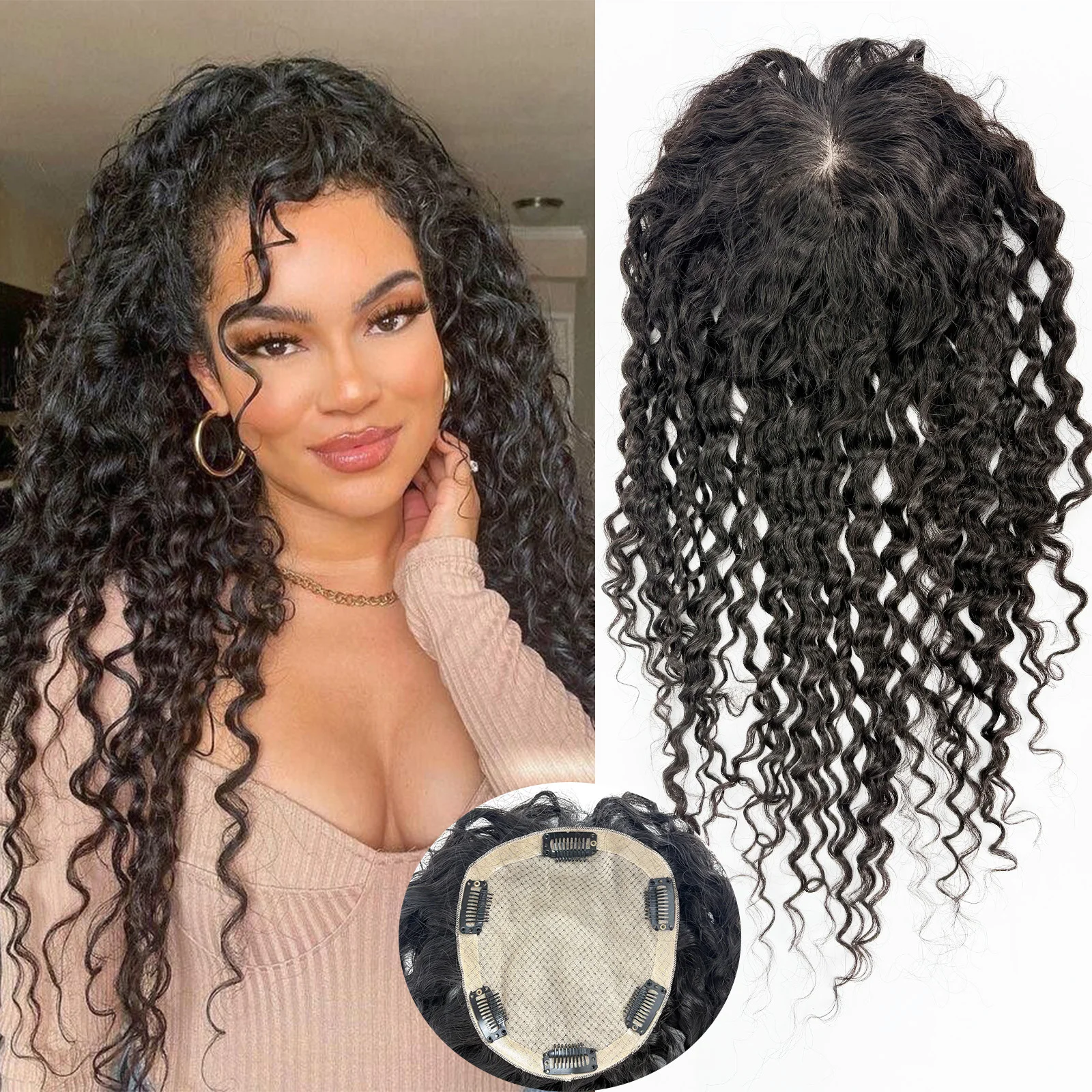 

Накладка для волос из натуральных европейских волос, 14x16 см, кудрявые, полностью ручной работы, с имитацией кожи головы, на шелковой основе, для женщин.