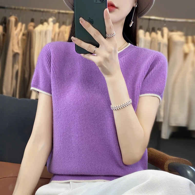 23 New Pure Wool Contrast Color Round Neck Knitted Short-Sleeved Sweater Women's Four Seasons Slim Casual Top