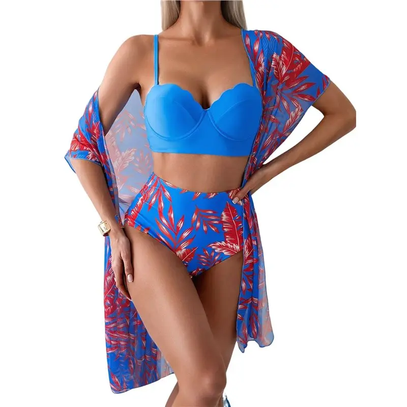 

【ПЛОЖЕНИЕ】Женские купальники из трех предметов, комплект бикини с принтом и сетчатой накидкой для контроля живота, тропические купальники