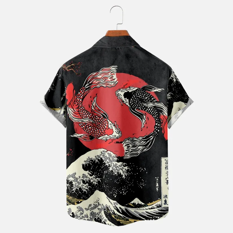 Hawaiian Holiday Beach Pocket Shirt Japanese Style Ukiyo-e Print Short Sleeve Men's Shirt Summer Fashion Top Breathable Shirt