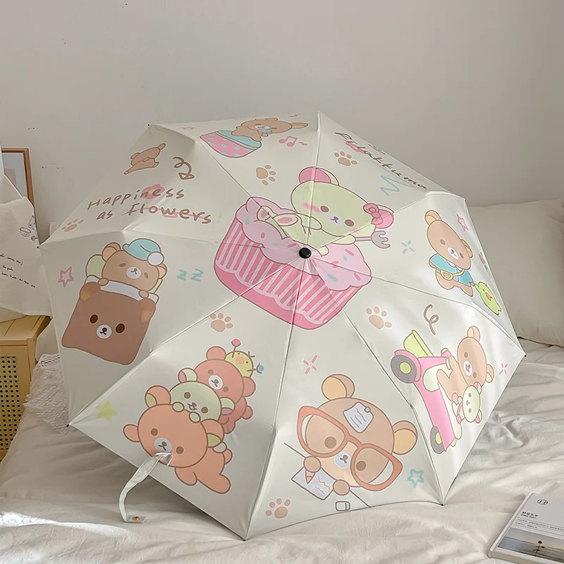 

Cute Rilakkuma Umbrella Women's Sunny Rain Black Rubber Sun Umbrella Student Sunscreen Sunshade Umbrella UV Resistant Portable