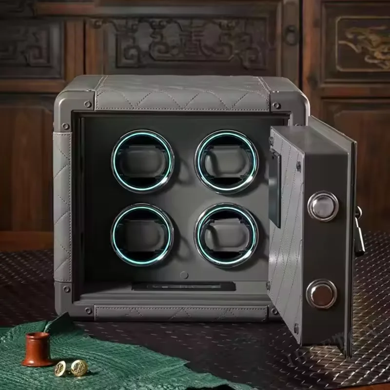 IBBETON 4 Slots Luxury Leather Mini Watch Winder Safe Box Orange Black Watch Storage Box  Touch Screen With Atmosphere Lamp