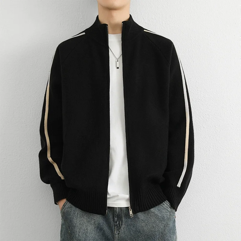 

Men Casual Cardigan Sweater Autum Winter Knitwear Black Green Coffee Zipper Open Sleeve Stripe Design Knitted Jacket Minimalist