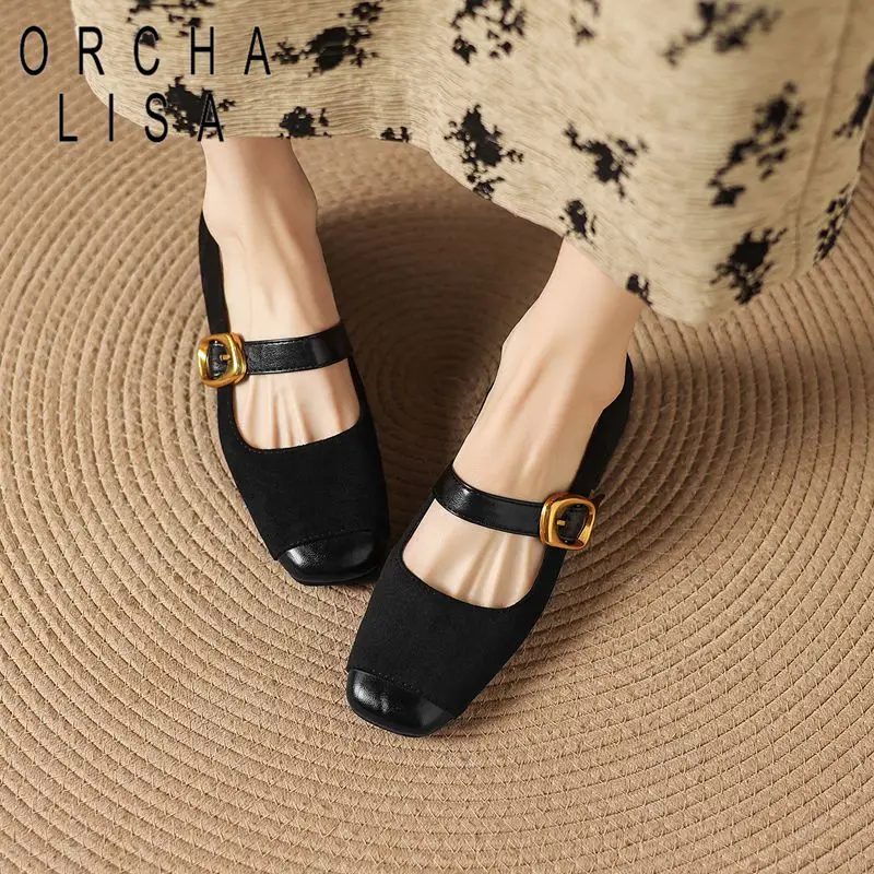 

ORCHA LISA Модные женские туфли-балетки из замши с квадратным носком и ремешком на пряжке, большие размеры 41, 42, 43, мягкие повседневные туфли ручной работы для женщин
