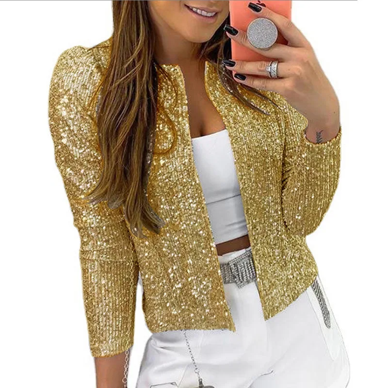 2024 Spring New Women's Fashion Stand Up Collar Solid Color Sequin Short Casual Versatile Small Coat