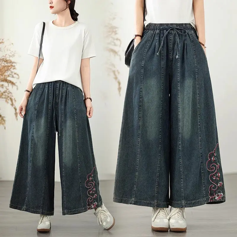 Vaqueros de pierna ancha de mezclilla bordados para mujer, pantalones cortos Retro de 9 puntos, cintura elástica, informales, de cintura alta, ajuste cómodo G818