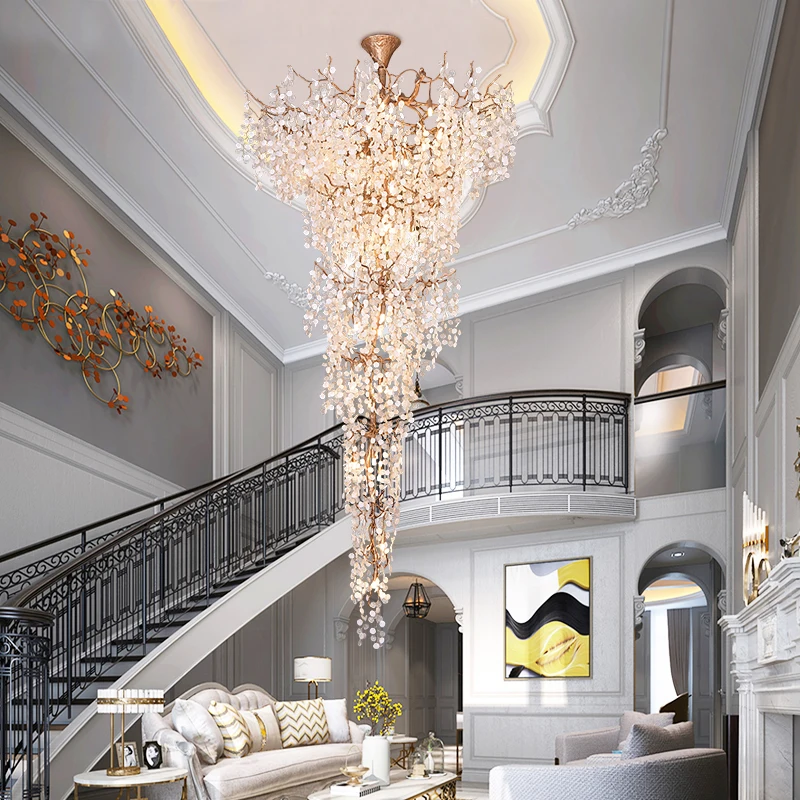 Stairwell tree branch long hanging copper duplex building villa hall hotel club hall classical creative crystal light