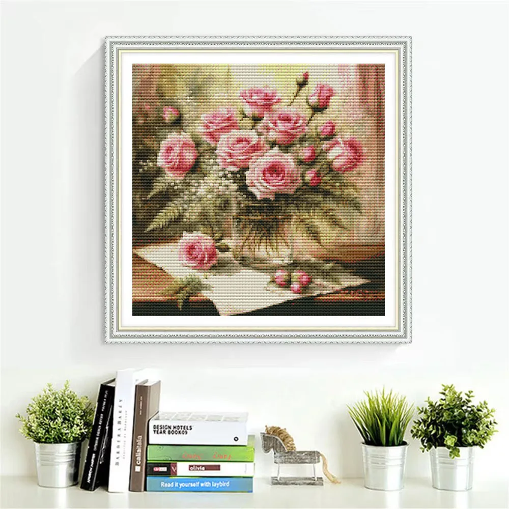 HUACAN Cross Stitch Kits Rose Flower Embroidery Sets Floral Needlework Dmc Threads 11Ct Picture Printed Canvas Home Decor view 3