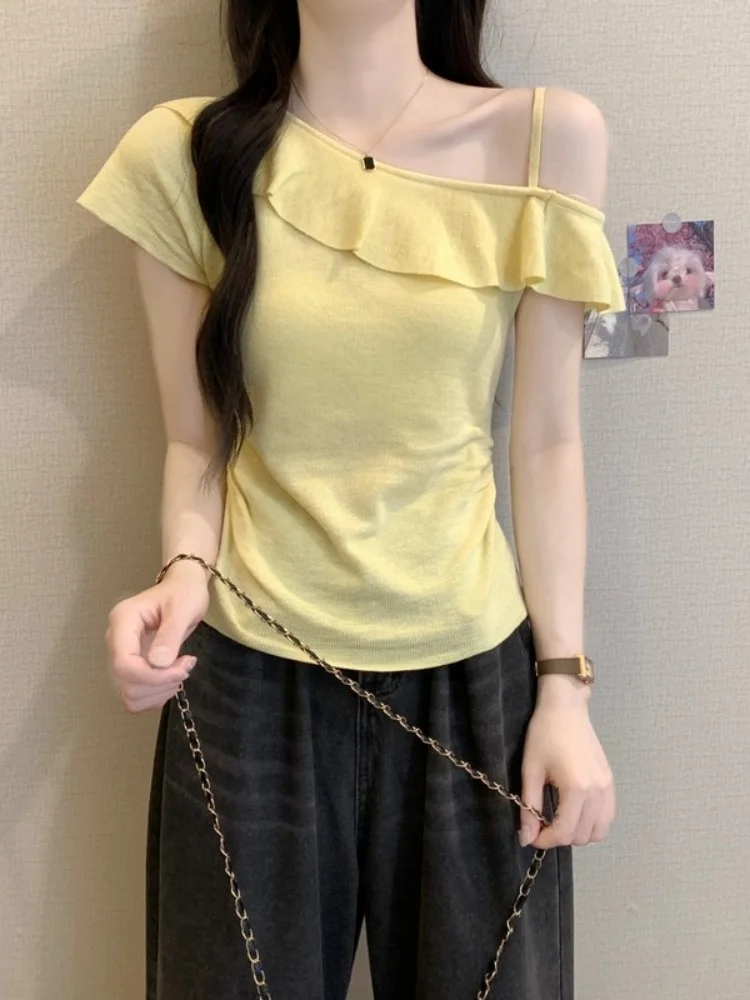 

Желтый оulder Baring ort Sve Топ Женский летний Dopane Sle ort Design Чистый корейский свободный крой хлопковый вязаный свитер